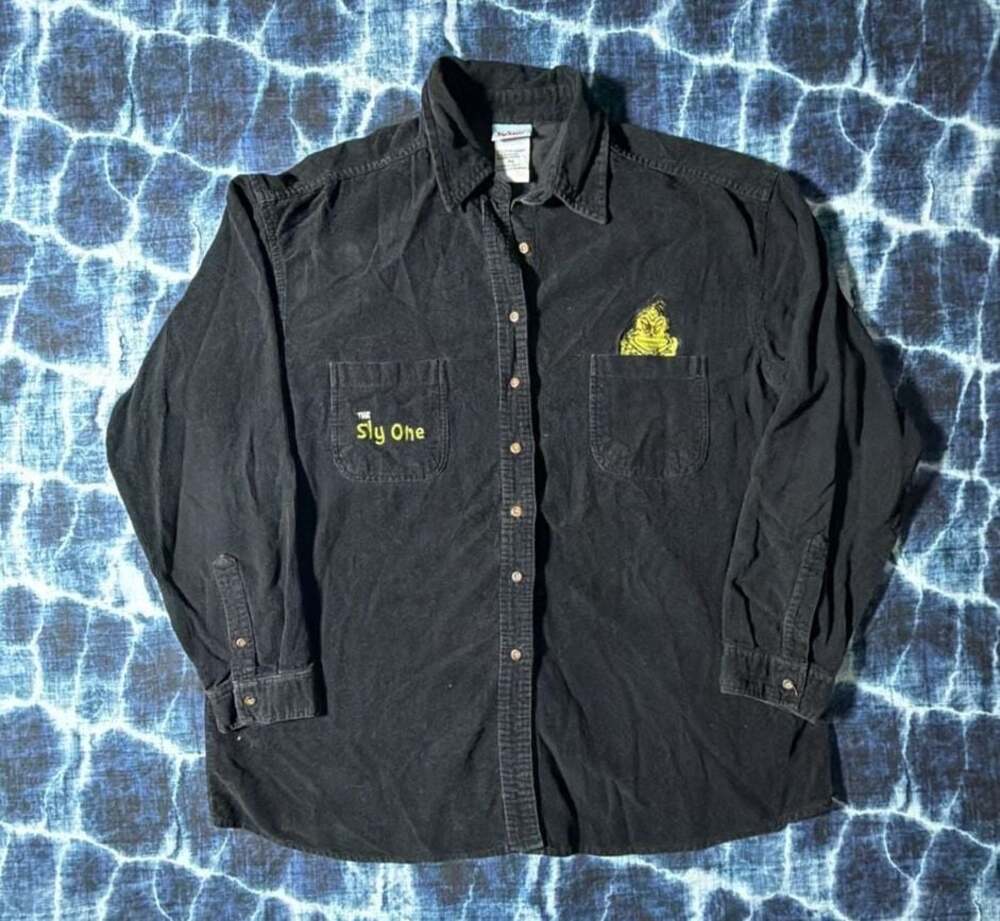 Vintage Dr. Seuss The Grinch "The Sly One" Black Corduroy Long Sleeve Button Up